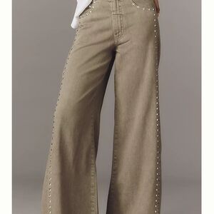 Pilcro Beige Wide Leg Jeans with Stud Accents